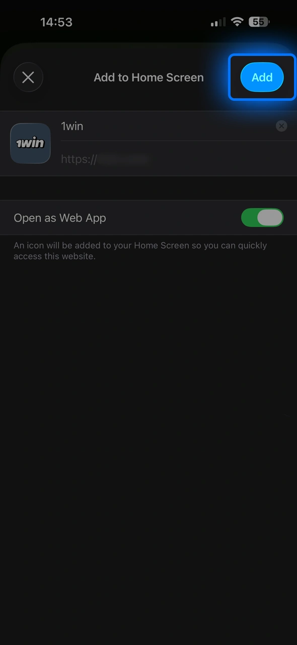 Confirm the 1win shortcut name and add it to home.
